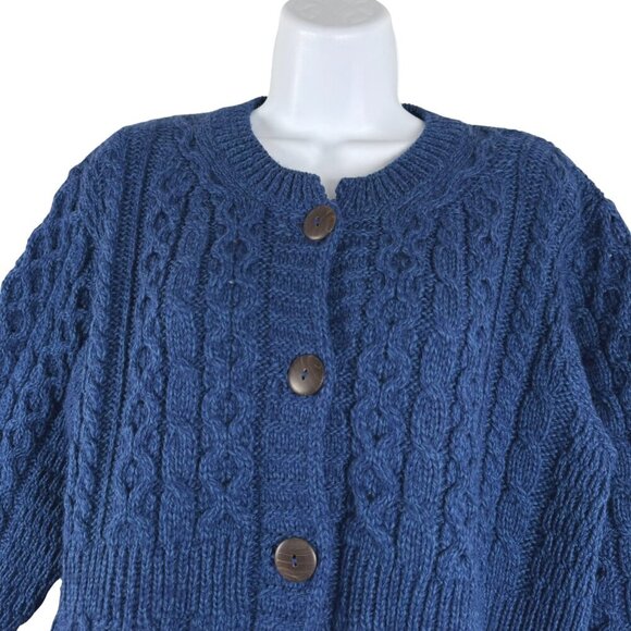 Kilronan Fisherman Cardigan Sweater Medium Blue Merino Wool Cable‎ Knit CJ-1956 - Picture 3 of 8
